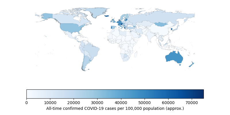 COVID-19 cases per 100,000 population chloropleth map